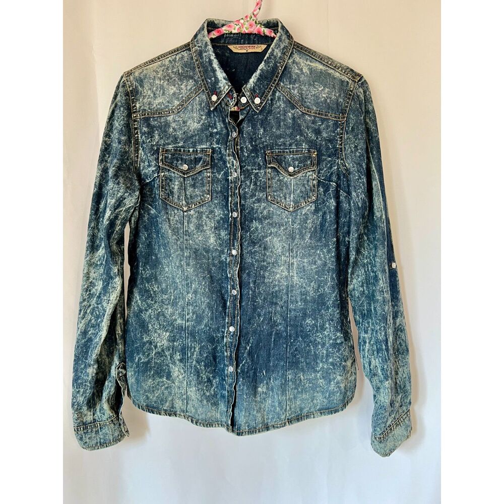 Highway Jeans 90's Acid Wash Snap Front Long Sleeve Shirt Y2K Sz M Grunge Boho